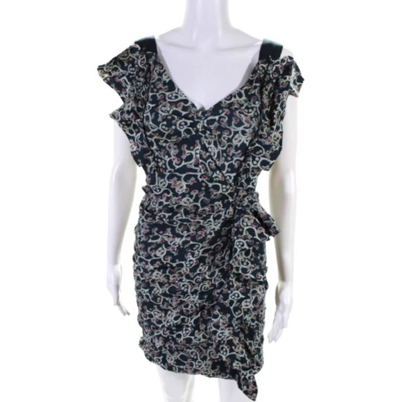 Isabel Marant Dress Size FR 34 US 2 Blue Scrollwork Ruffle Ruched Sheath